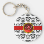 RED RUBY DAMASK MONOGRAM, KEYCHAIN