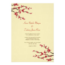 Red Sakuras Cherry Blossoms Oriental Zen Wedding Custom Announcements