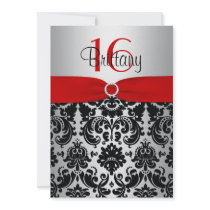 Red, Silver, and Black Damask Sweet 16 Invitation