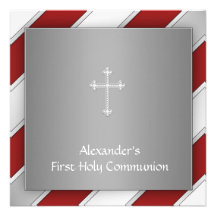 Red Silver Stripe Boy First Communion Invitation