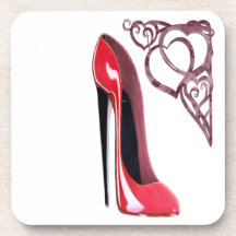 Red Stiletto Shoe Art and Heart Swirls Coasters