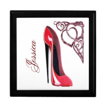 Red Stiletto Shoe Art and Heart Swirls Keepsake Box