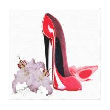 Red Stiletto Shoes and Lilies Stretched Canvas Pri Canvas Print