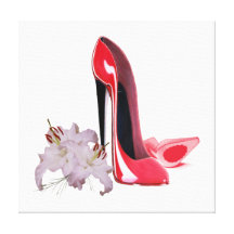 Red Stiletto Shoes and Lilies Stretched Canvas Pri Canvas Print