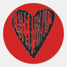 Red Striped Engraved Heart Round Stickers