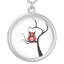 Red Sugar Skull Owl in Tree Necklace