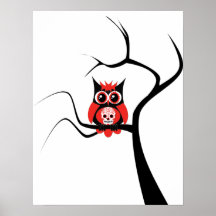 Red Sugar Skull Owl in Tree Poster