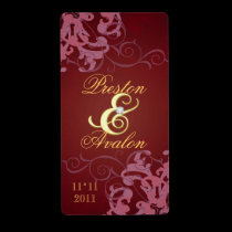 Red Swirl Gold Jewelled Wedding Wine Label labels