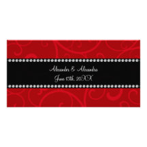 Red swirls wedding favors custom photo card