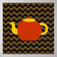 Red Teapot on Brown Zigzags. Print