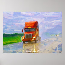 Red Truck Highway Driving in the Rain Art Poster