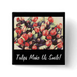 Red Tulips Bouquet, square button pin brooch