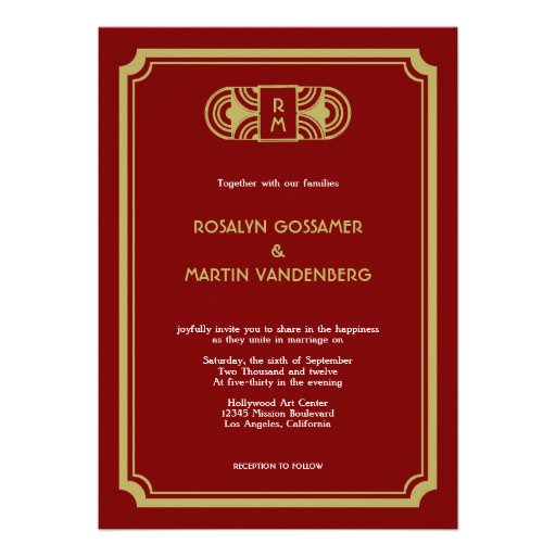 Red velvet art deco retro Hollywood glam wedding Invites