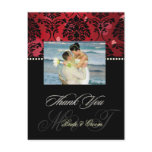 Red Velvet + Hearts Damask Wedding Photo Thank you Postcards