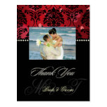 Red Velvet + Hearts Damask Wedding Photo Thank you Postcards