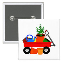 Red Wagon with Plants & Garden Tools Buttons