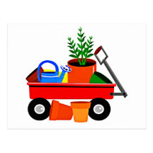 Red Wagon with Plants & Garden Tools Post Cards