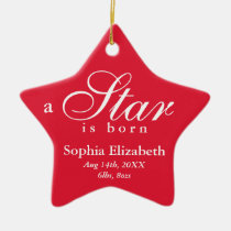 Red white a star is born baby name announcement ornaments