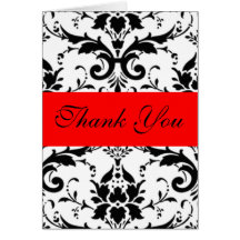 Red, White and Black Damask Thank You Card