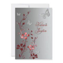 Red with Silver Butterflies on Linen Invitation