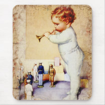 Redhead Baby Boy Blowing Horn to Soldiers