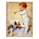 Redhead Baby Boy Blowing Horn to Soldiers Postcards
