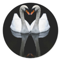 Reflections of Love, Heart Shape, White Swans Round Stickers