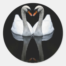 Reflections of Love, Heart Shape, White Swans Round Stickers