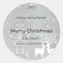 Reindeer on Silver Christmas Wine Labels Round Sticker