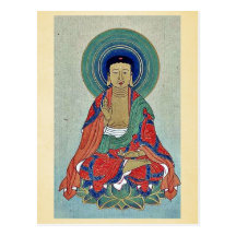 Religious figure sitting on a lotus with blue halo post card