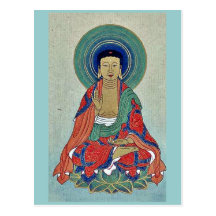 Religious figure sitting on a lotus with blue halo postcard