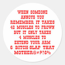 Remember It Only Takes Four Muscles To Bitch-Slap Round Sticker