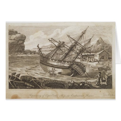 Repairing of Captain Cooks ship Greeting Cards