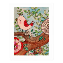 Retro bird, branch, and flowers postcards