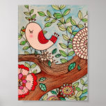 Retro bird, branch, and flowers posters