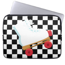 Retro Black and White Checked Rollerskate laptop sleeves