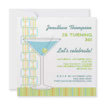 Retro Blue Martini Birthday Party Invitation