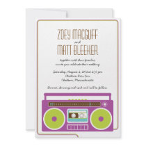 Retro Boombox Indie Mixtape Wedding (Purple/Lime) Personalized Invitation