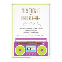 Retro Boombox Indie Mixtape Wedding (Purple/Lime) Personalized Invitation