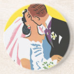 Retro Bride and Groom, You May Now Kiss the Bride Drink Coasters