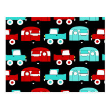 Retro Camping Trailer Turquoise Red Vintage Cars Post Cards