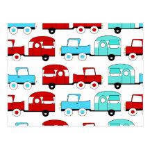 Retro Camping Trailer Turquoise Red Vintage Cars Postcards