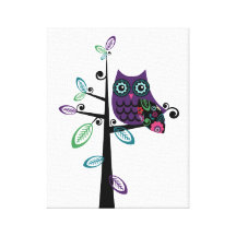 Retro Cartoon Owl in His Funky Tree Gallery Wrap Canvas