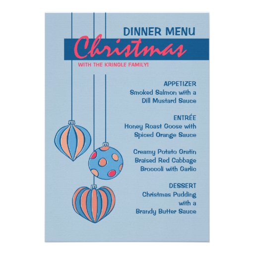 Retro Christmas Balls blue Dinner Menu Announcements