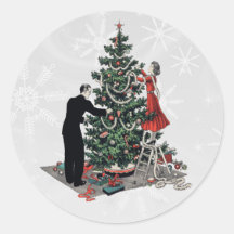 Retro Christmas Tree Round Sticker