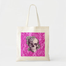 Rétro crâne rose sur la dentelle magenta sac en toile