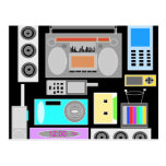 Retro electronics jumble on black post card