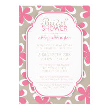 Retro Floral Pink & Khaki Bridal Shower Invitation