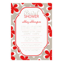 Retro Floral Red & Khaki Bridal Shower Invitations