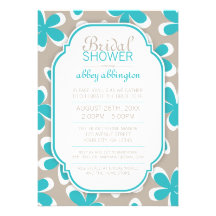 Retro Floral Teal & Khaki Bridal Shower Invitation